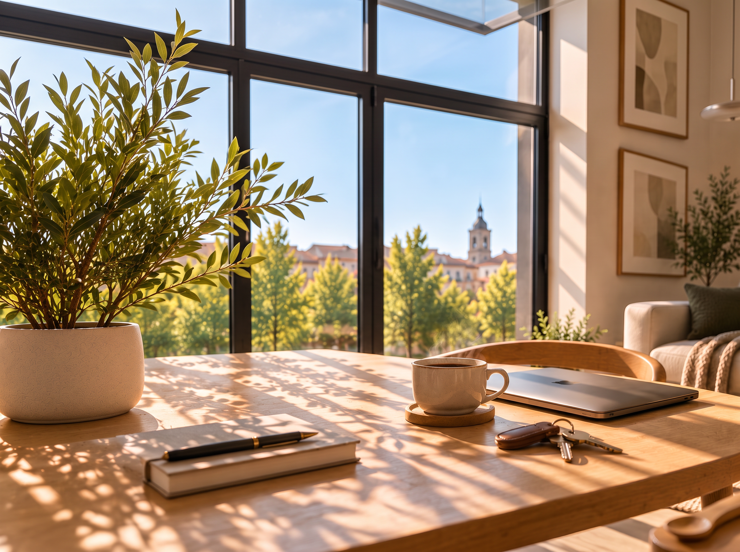 Mesa de madera con café, portátil y llaves junto a grandes ventanales con vistas al centro de Valdemoro